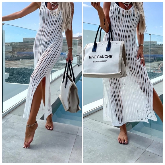 White Openwork Slit Cutout Wide Strap Dress - Picture 4 of 15